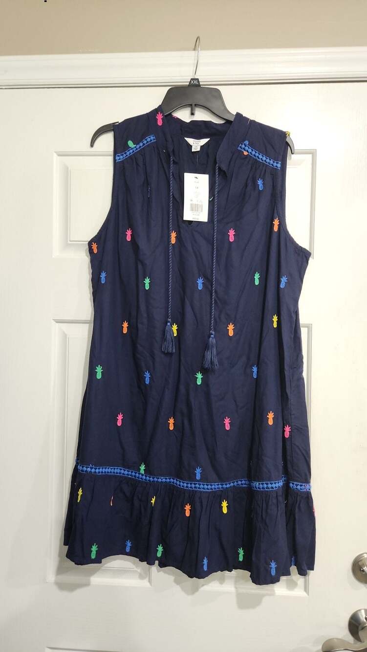 Crown & Ivy Navy Pineapple Embroidered Sleeveless Dress, Size 1X